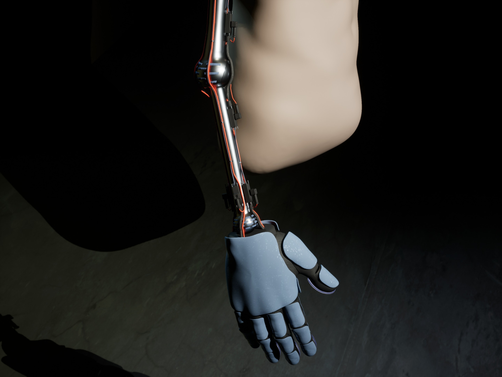 Biomechanical arm hydraulic lines and exposed internal mechanisms