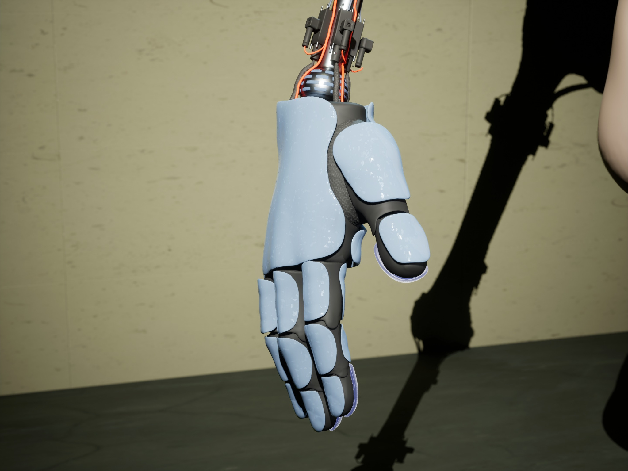 Low angle view showing shoulder and arm structure